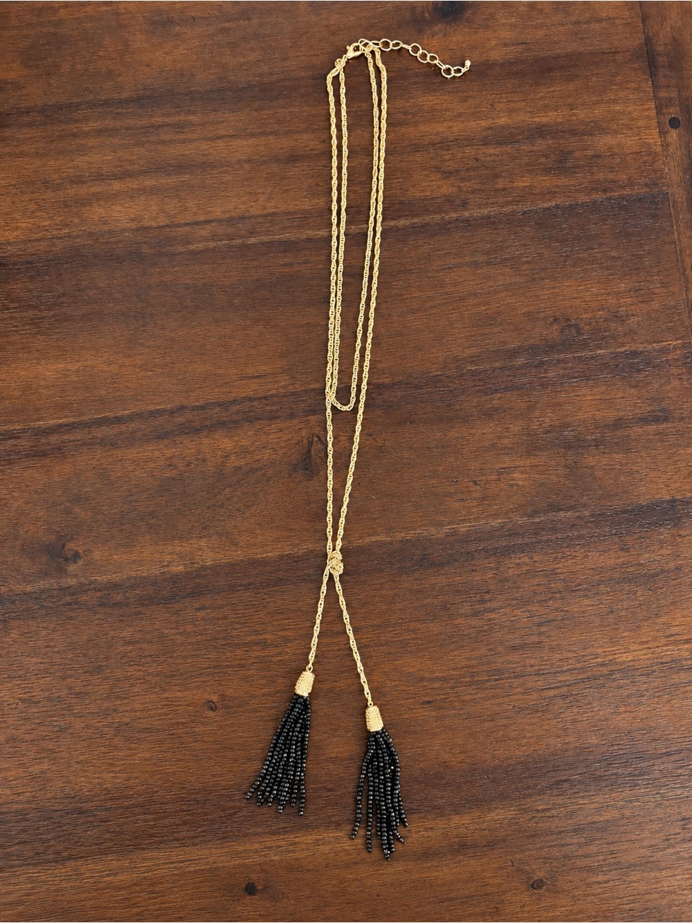 Gold Tone Layered Lariat Necklace w/ Black Beaded Tassels